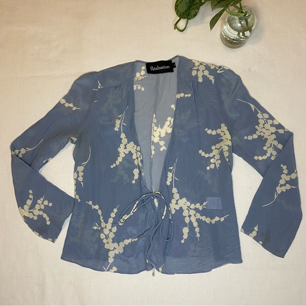 Realisation Par Bianca Silk Floral Tie Wrap Blouse Top Summer Loving Blue